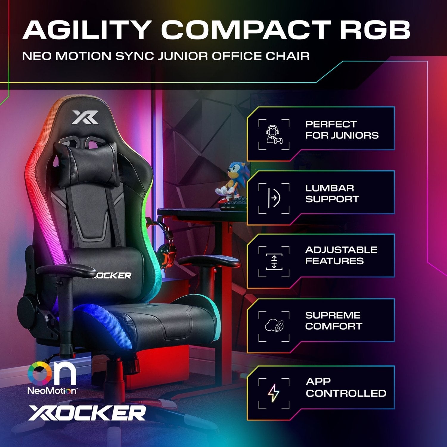 X rocker Agility Compact RGB office chair with features listed on a colorful background