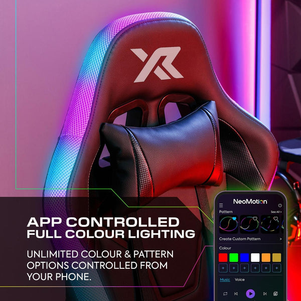 Gaming chair with RGB lighting and app control features on a purple background