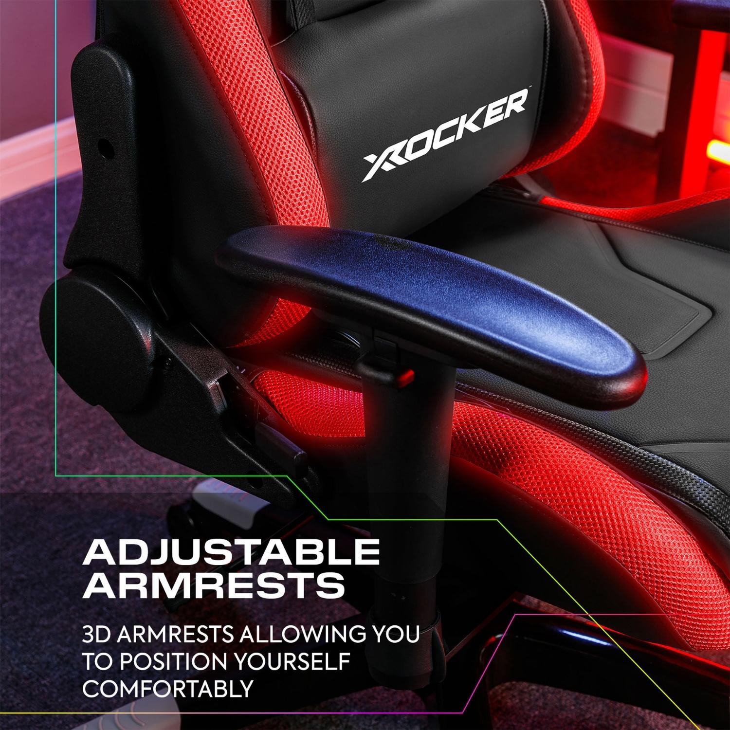 Red and black gaming chair with adjustable armrests featuring X rocker branding.