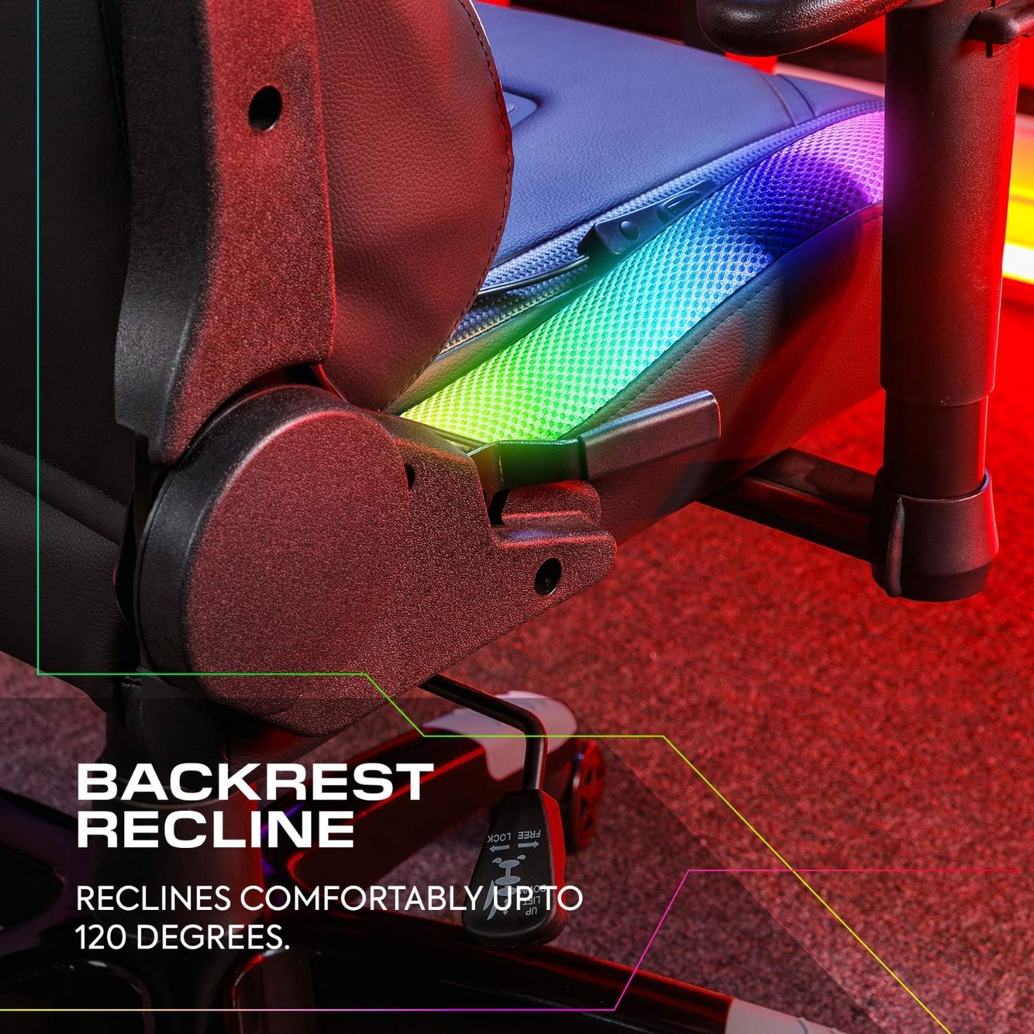 Gaming chair with RGB lighting and recline feature text overlay