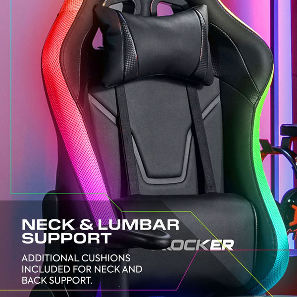 Gaming chair with neck and lumbar support on a colorful background