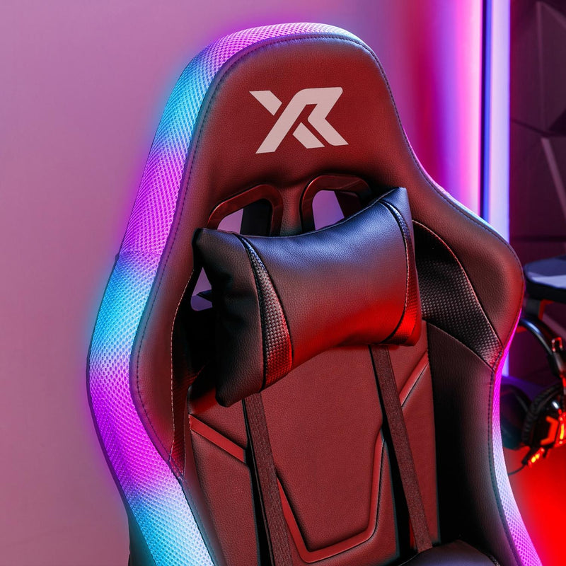 Gaming chair with RGB lighting and a logo on a blurred background