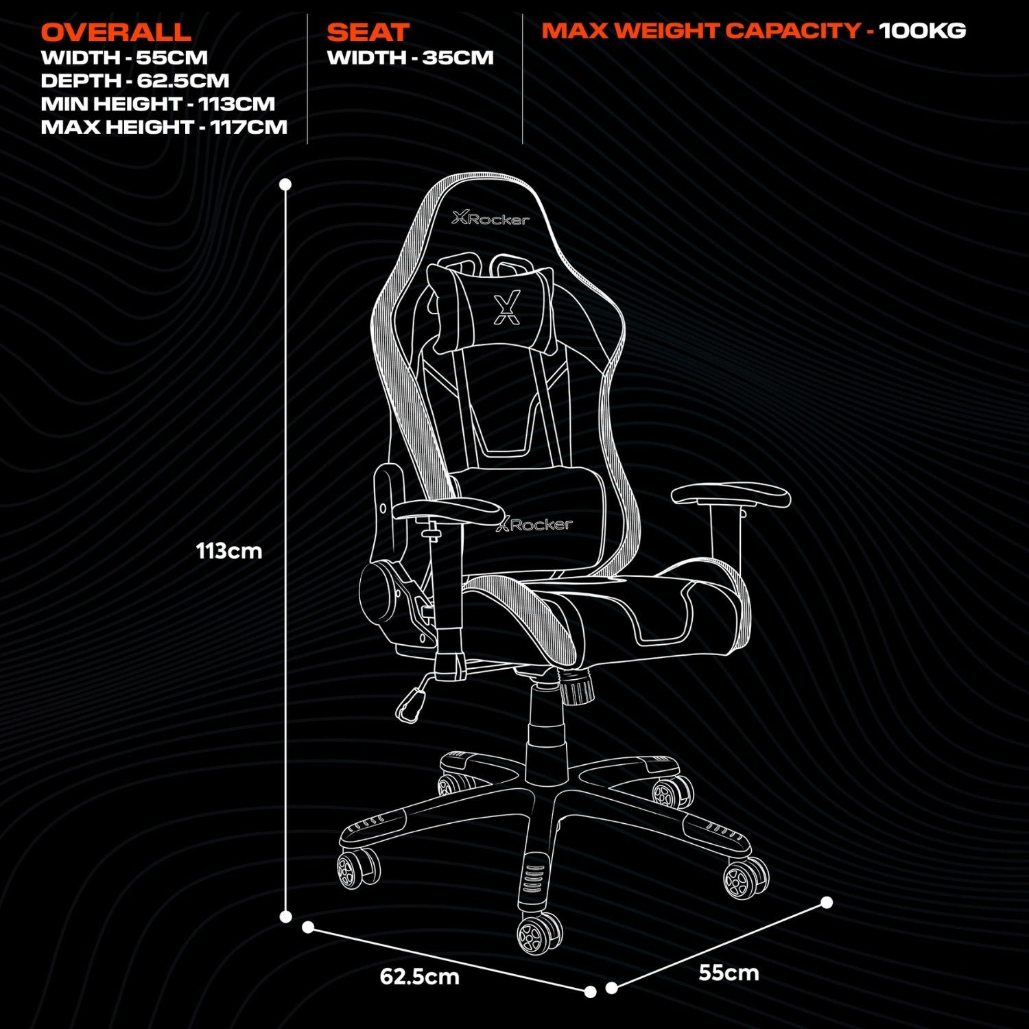 Gaming chair with dimensions and specifications on a black background