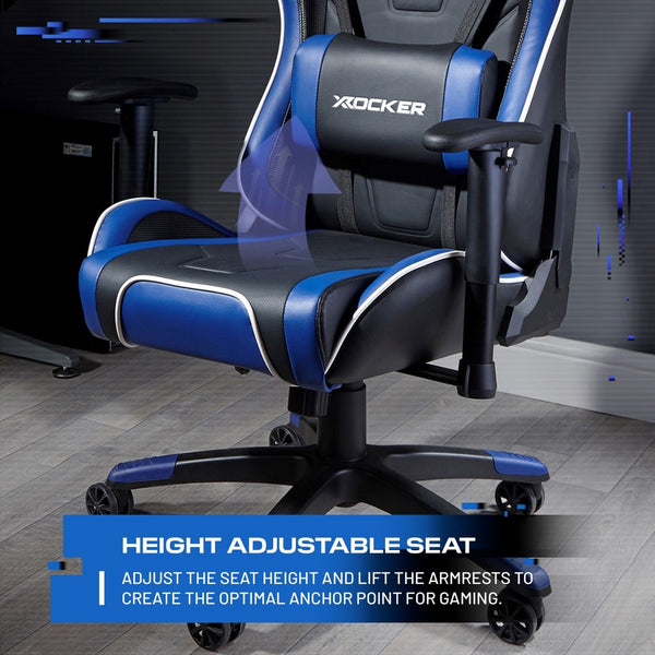 Blue and black gaming chair with height adjustable seat feature on a wooden floor.
