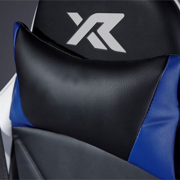 Close-up of a gaming chair with a prominent logo on the headrest.