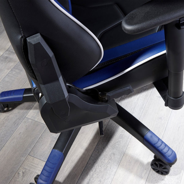 Black and blue office chair on a wooden floor