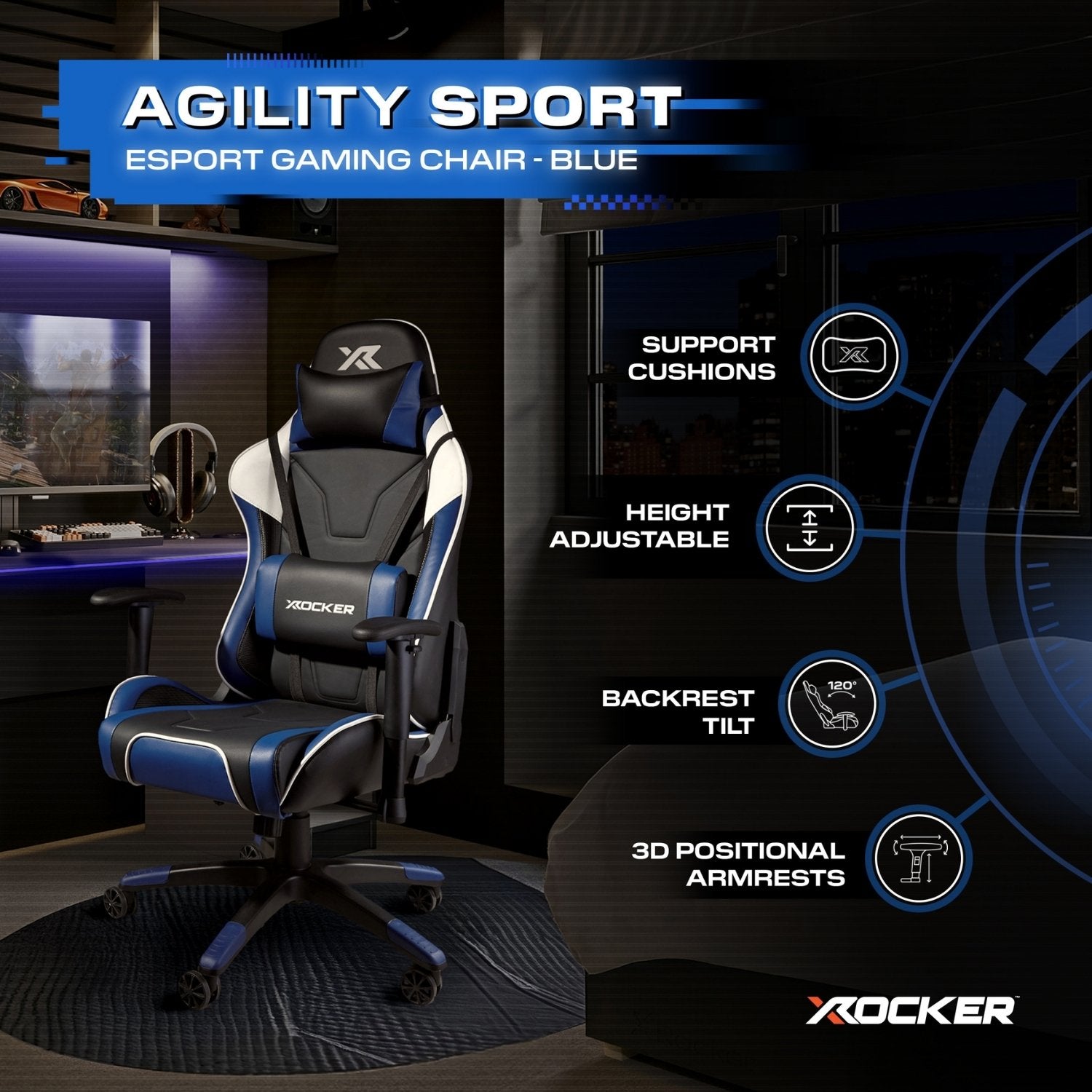 X rocker Agility Sport esports gaming chair with features highlighted on a dark background