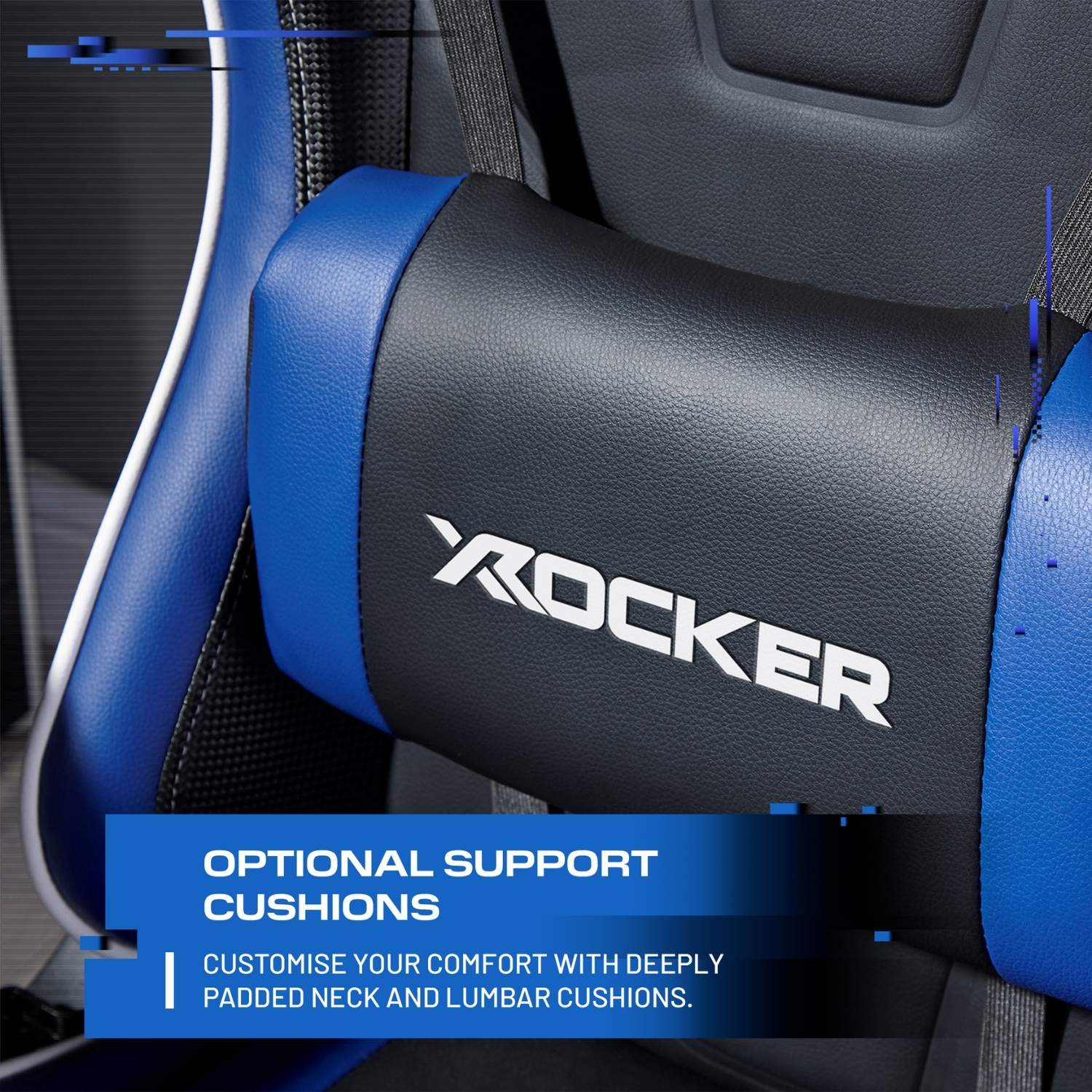 Black gaming chair with blue armrests featuring X rocker logo and text about customizable support cushions.