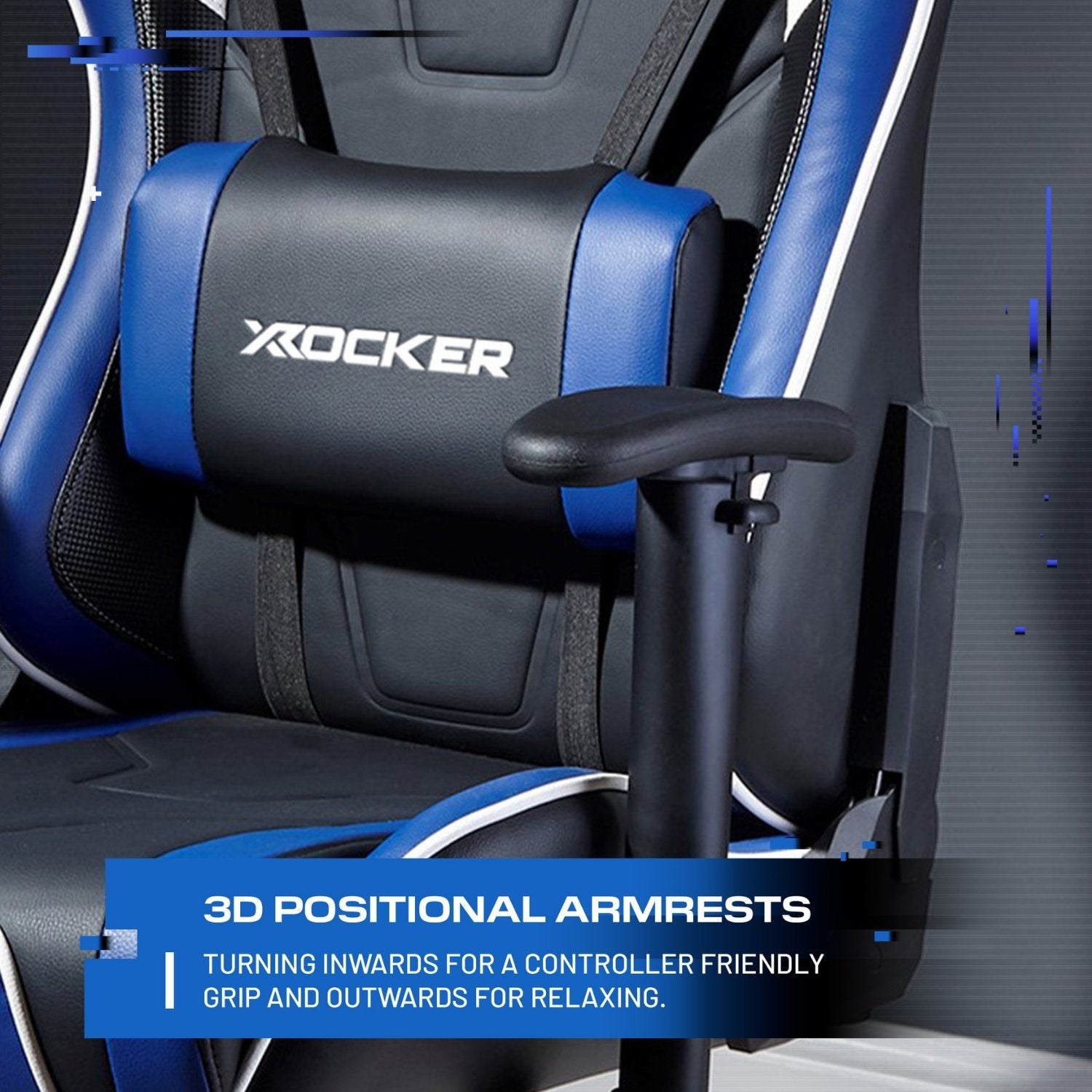X rocker gaming chair with 3D positional armrests on a gray background