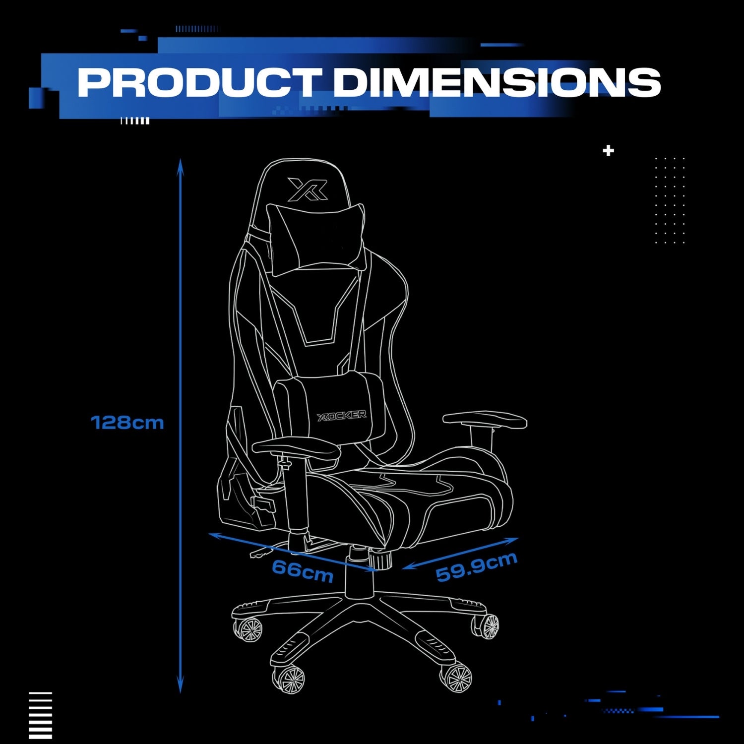 Gaming chair with dimensions labeled on a black background