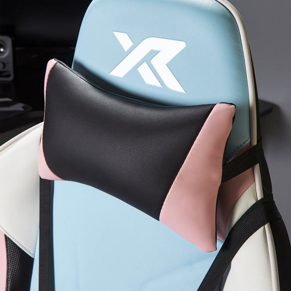 Colorful gaming chair with a prominent logo on the backrest