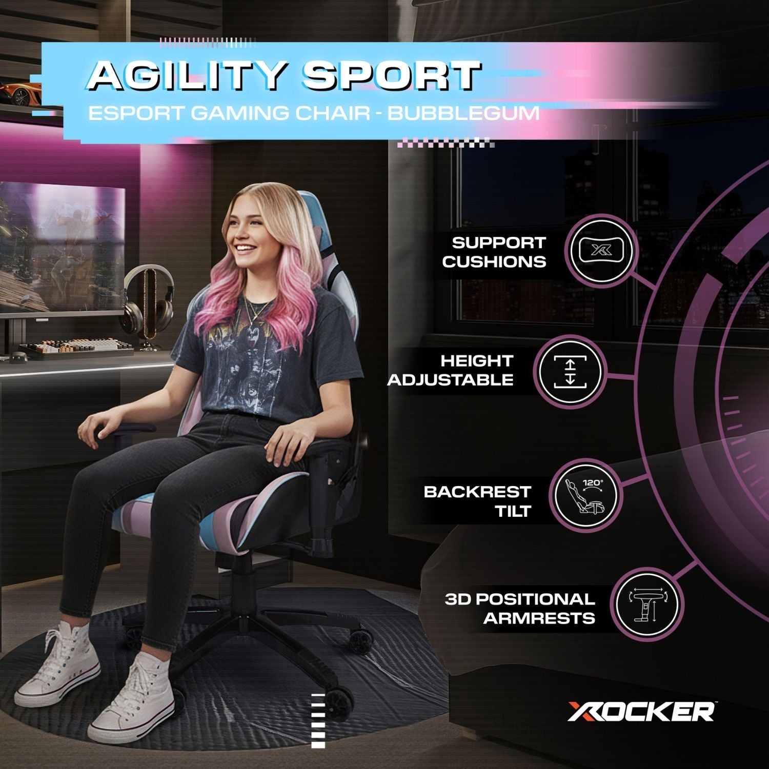 Gaming chair with features highlighted, including support cushions, height adjustable, backrest tilt, and 3D positional armrests, with a person sitting on it.