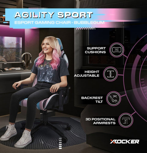 Gaming chair with features highlighted, including support cushions, height adjustable, backrest tilt, and 3D positional armrests, with a person sitting on it.