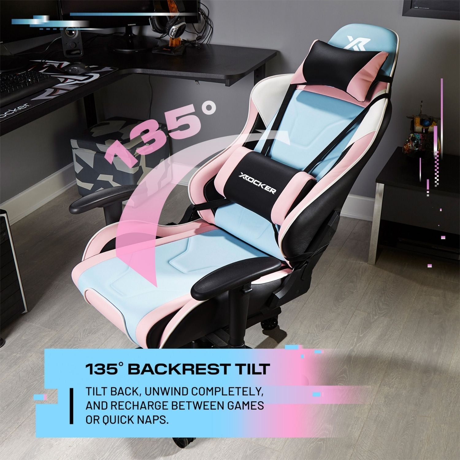 Gaming chair with 135° backrest tilt feature in a room setup.
