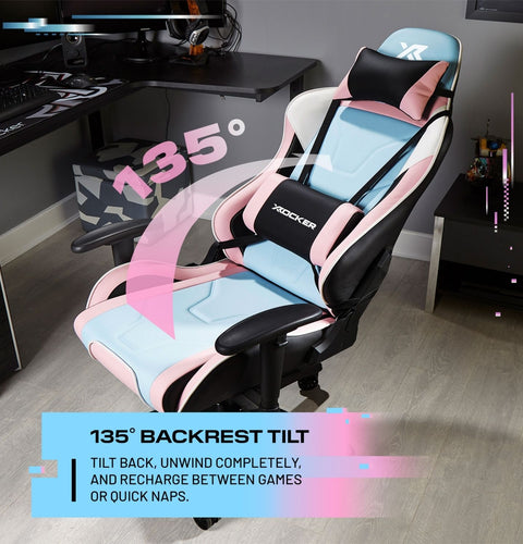 Gaming chair with 135° backrest tilt feature in a room setup.