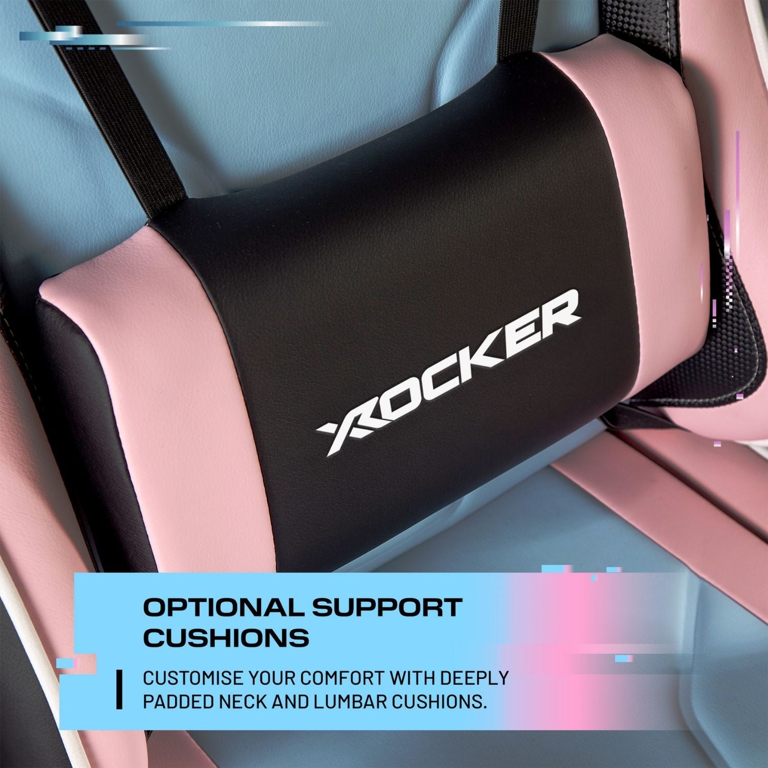 Pink and black support cushion with 'X ROCKER' branding on a chair.