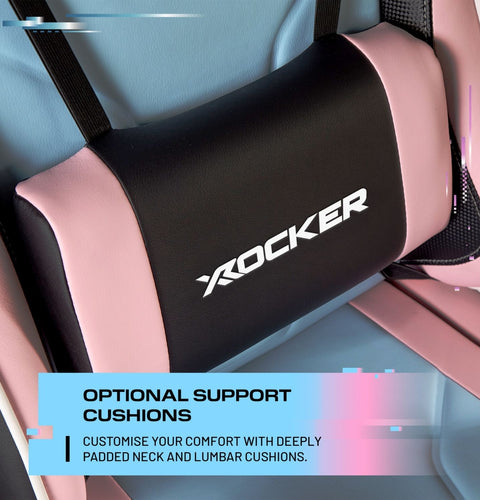 Pink and black support cushion with 'X ROCKER' branding on a chair.