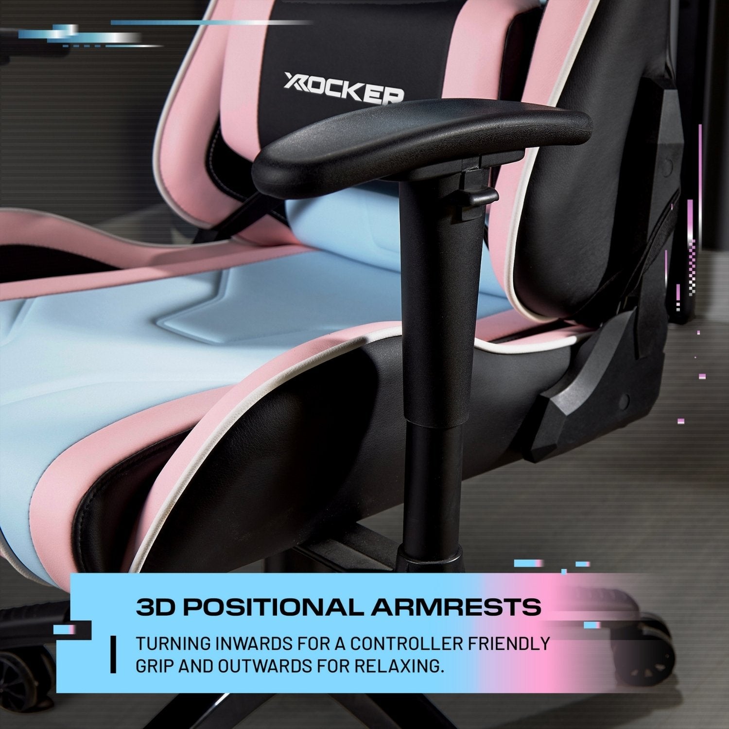 Gaming chair with pink and black design, featuring X-Rocker logo.
