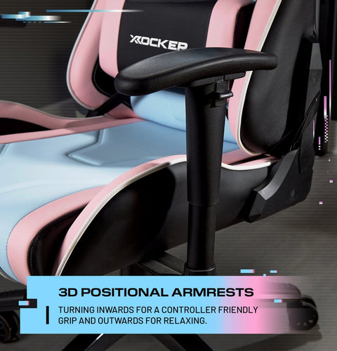 Gaming chair with pink and black design, featuring X-Rocker logo.