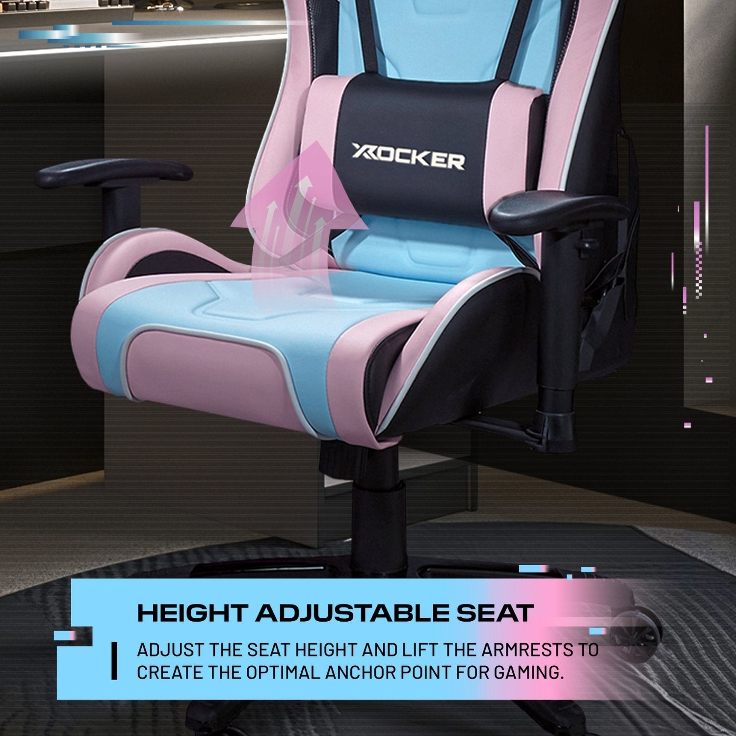 X rocker gaming chair with height adjustable seat feature in a room setting.
