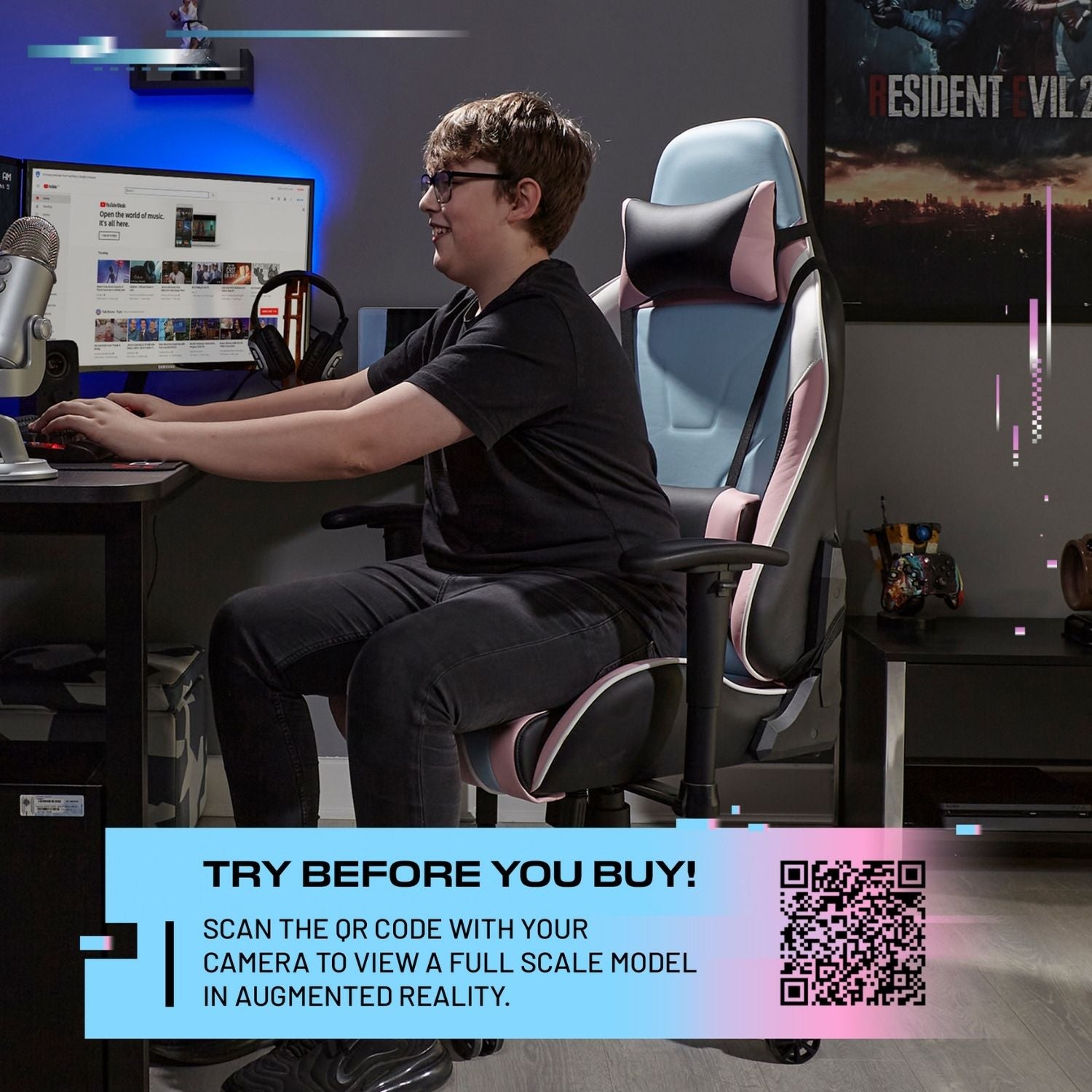 Person sitting in a gaming chair in a room with gaming setup and promotional text overlay.