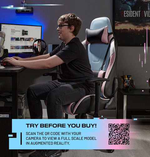 Person sitting in a gaming chair in a room with gaming setup and promotional text overlay.