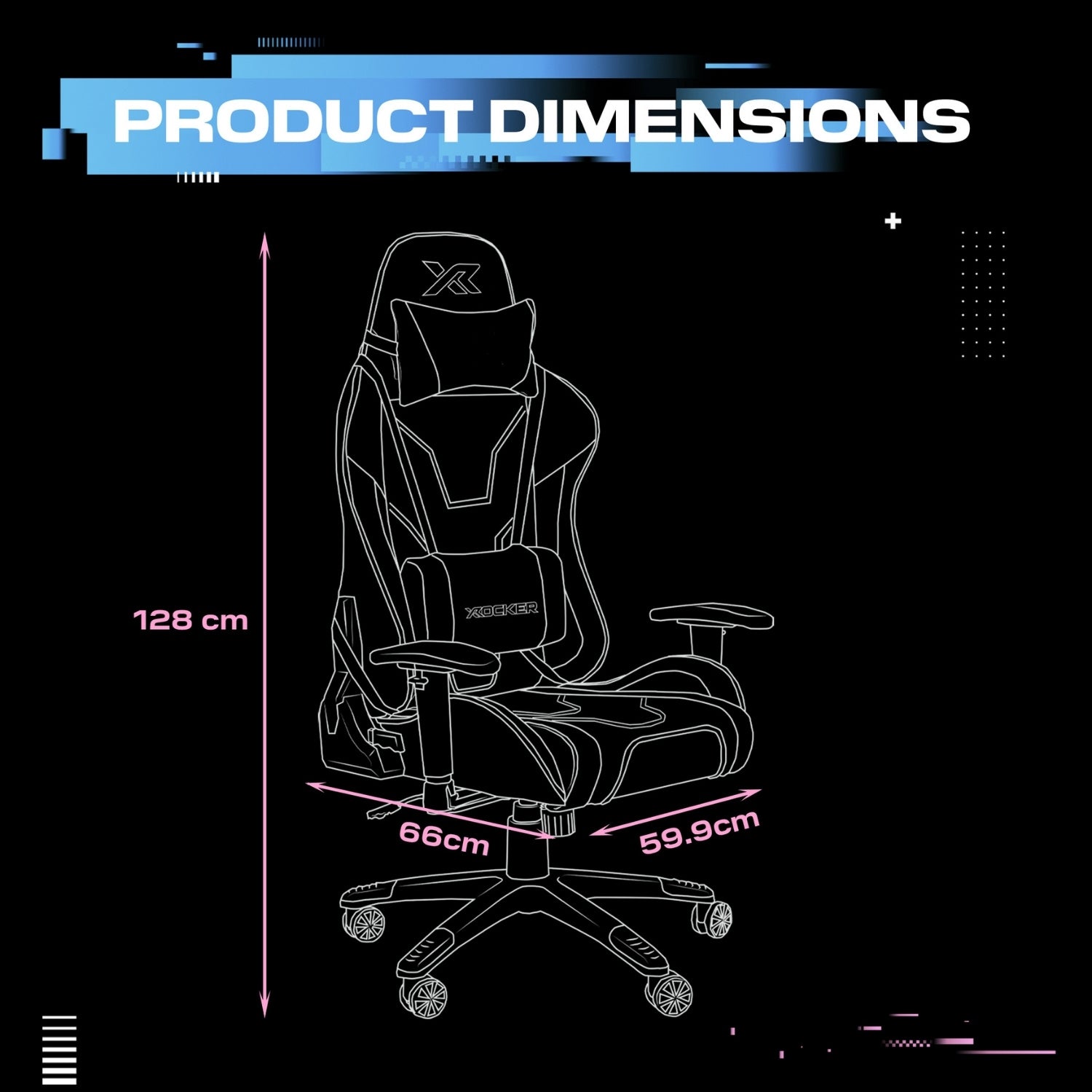 Gaming chair with dimensions labeled on a black background