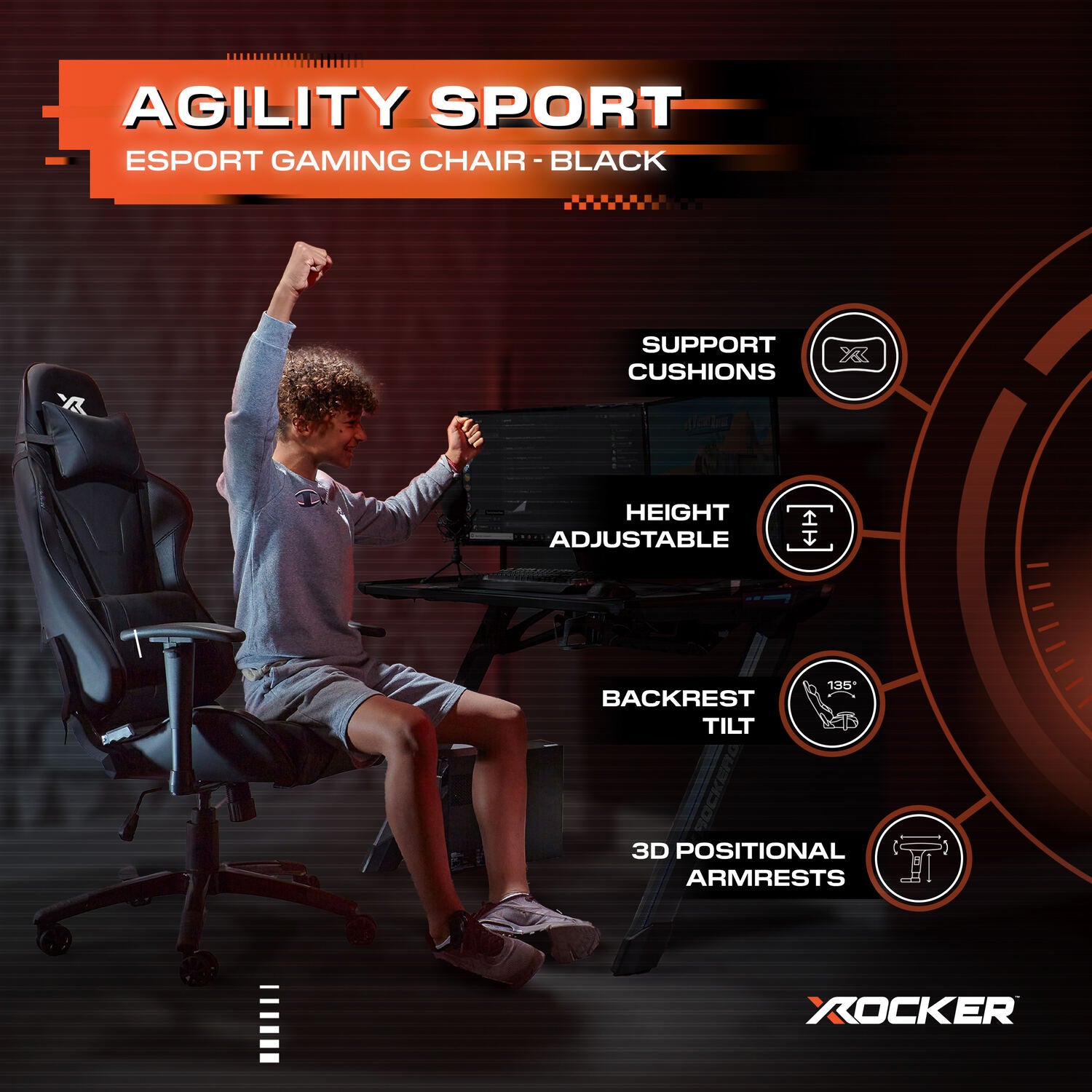 Gaming chair advertisement with a person sitting and celebrating, featuring X rocker branding.