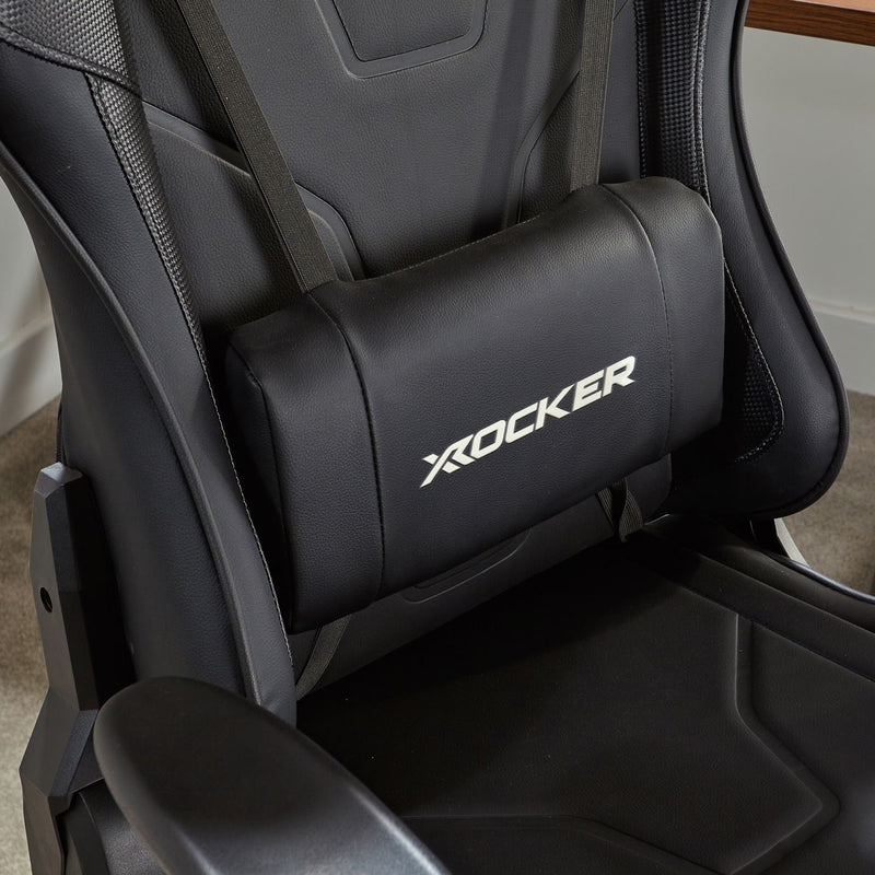 Black gaming chair with X rocker logo on the headrest
