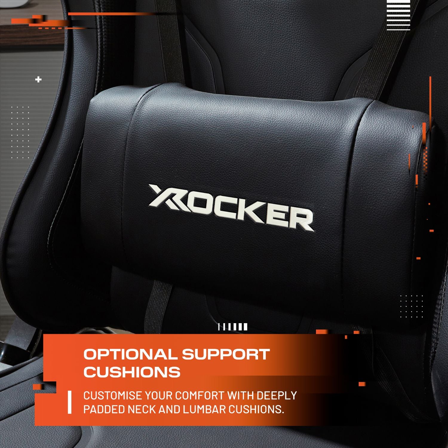 Black support cushion with X rocker logo on a car seat, featuring promotional text.