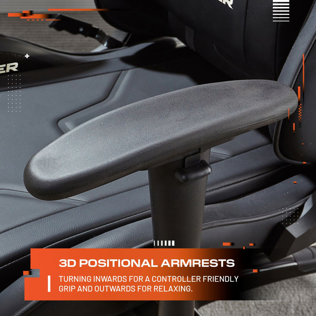 Ergonomic chair with 3D positional armrests and text description.