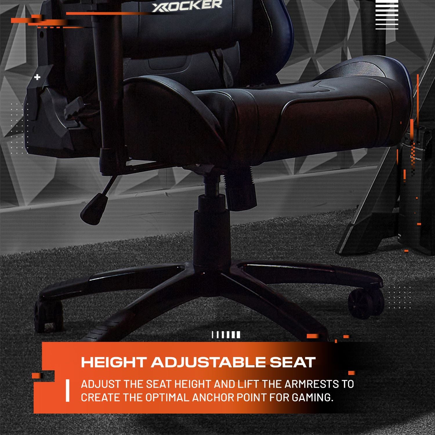 Gaming chair with height adjustable seat feature on a dark background