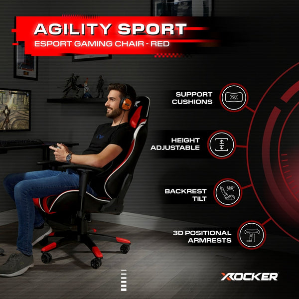 Gaming chair with features highlighted, including support cushions, height adjustable, backrest tilt, and 3D positional armrests, on a dark background.
