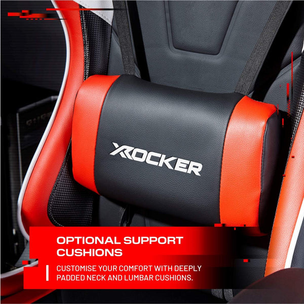 Gaming Chair support cushion with X rocker branding and promotional text.