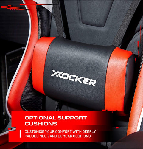 Gaming Chair support cushion with X rocker branding and promotional text.