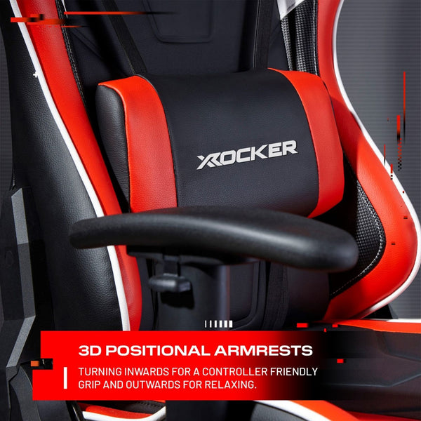 Red and black gaming chair with X rocker branding and text about 3D positional armrests.