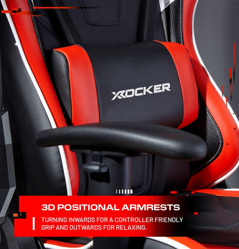Red and black gaming chair with X rocker branding and text about 3D positional armrests.