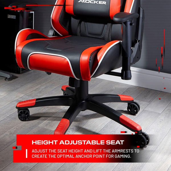 Gaming chair with red and black design on a wooden floor, featuring the brand 'X rocker'.
