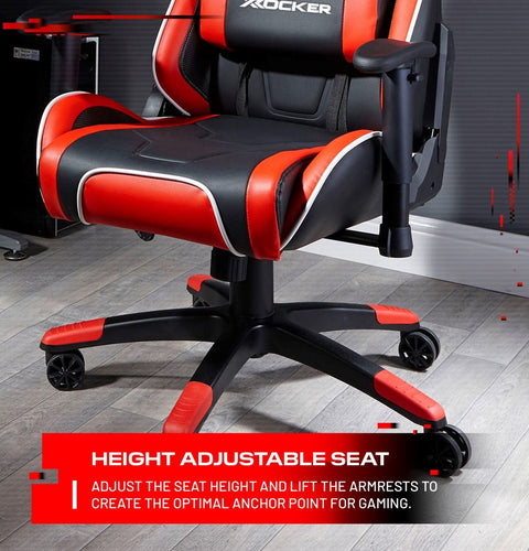 Gaming chair with red and black design on a wooden floor, featuring the brand 'X rocker'.