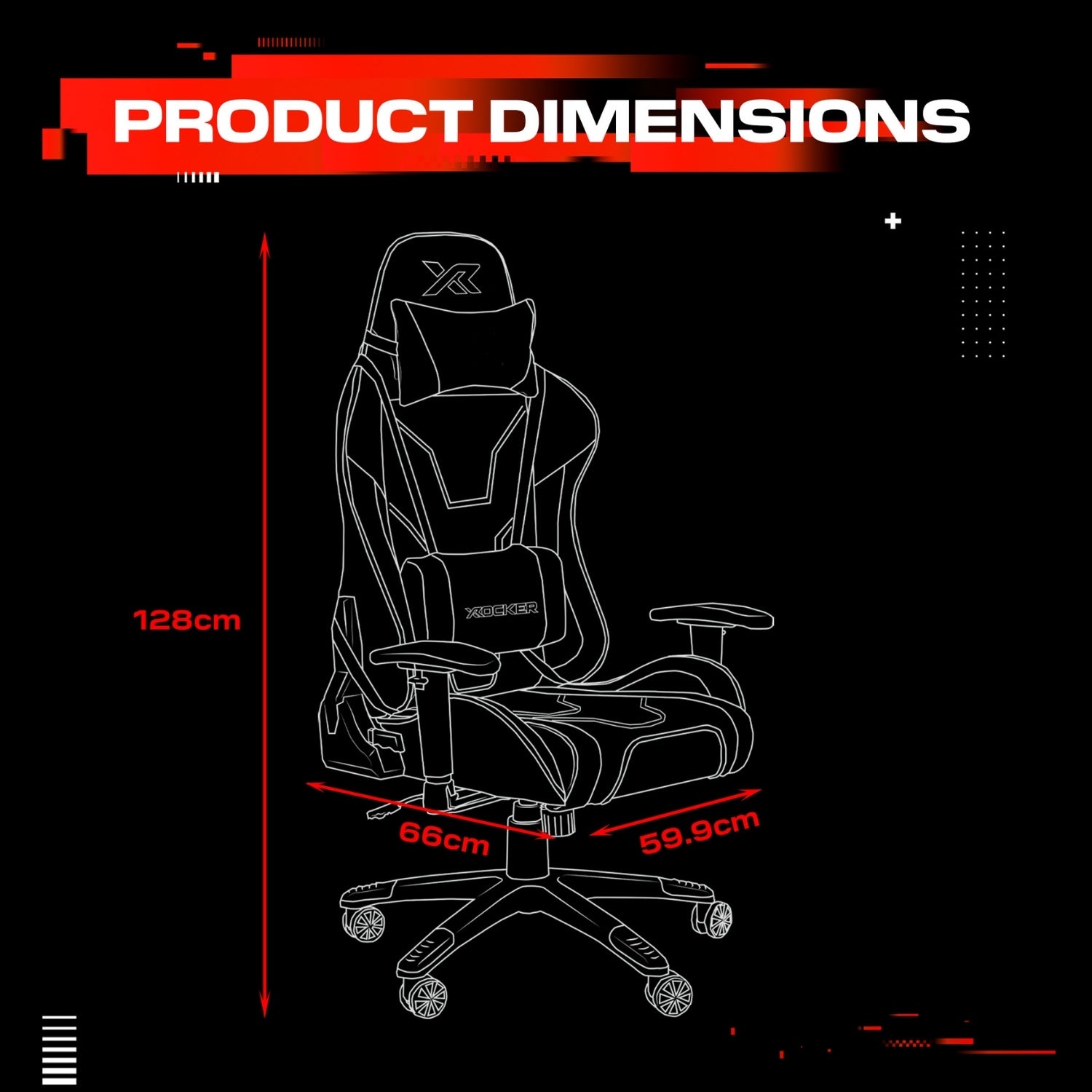 Gaming chair with dimensions labeled on a black background