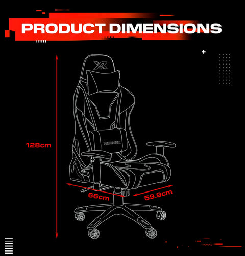 Gaming chair with dimensions labeled on a black background