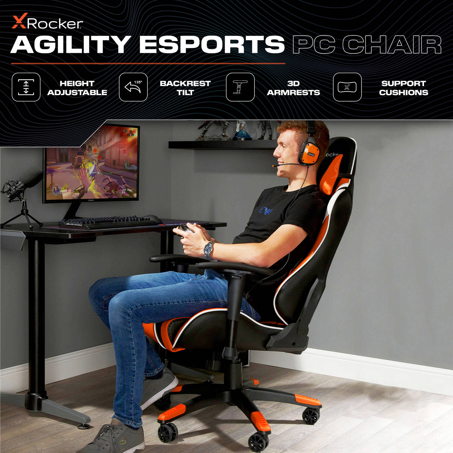 Agility Esport Gaming Chair and Armada Dual Bunk Bed with Gaming Desk - Orange