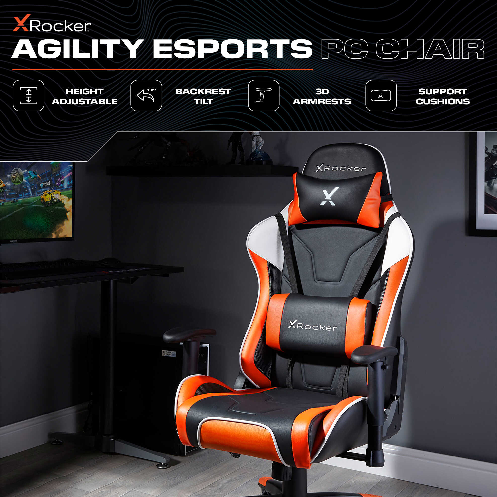 X rocker Agility esports PC chair in a gaming setup with monitor and desk.