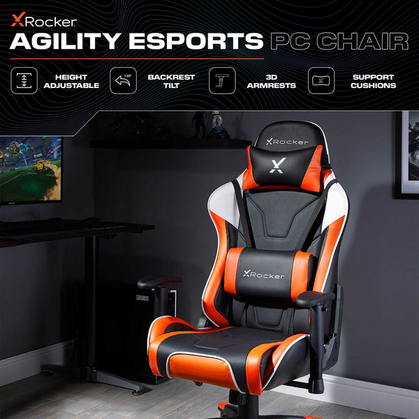 X rocker Agility esports PC chair in a gaming setup with monitor and desk.