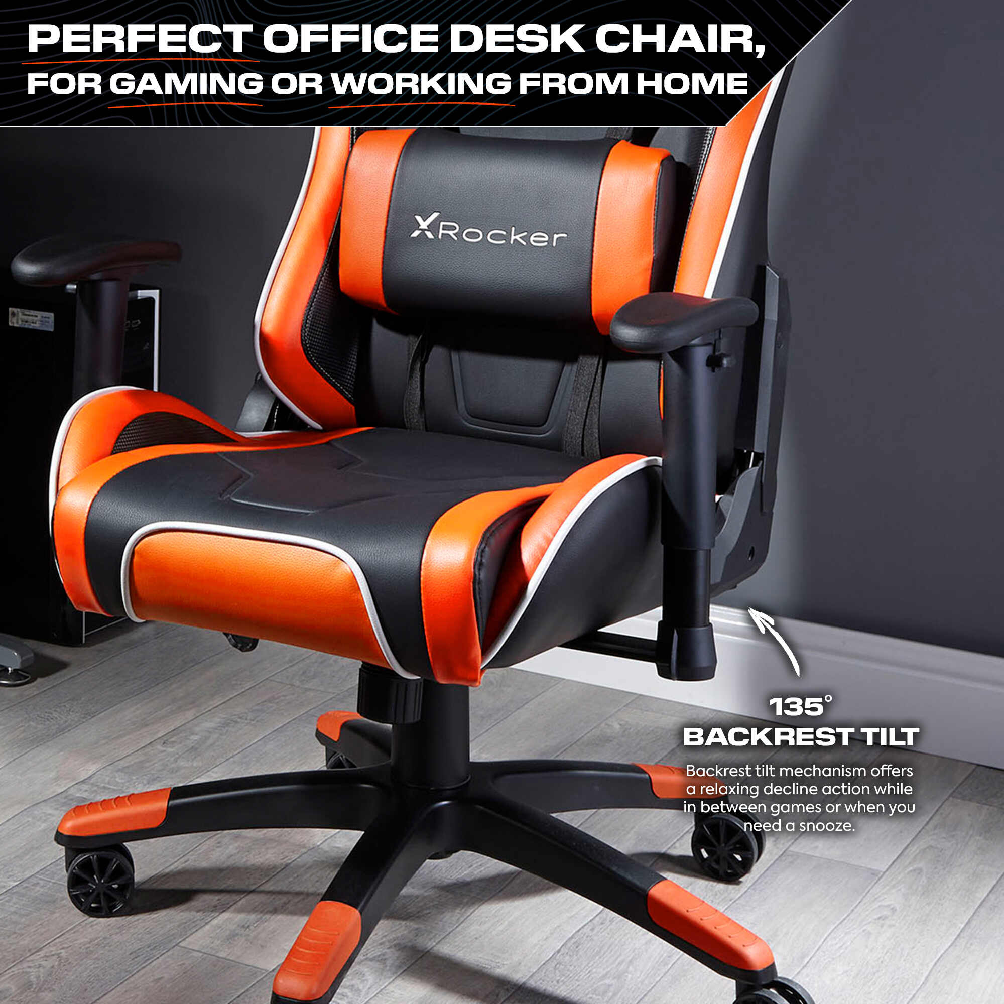 Orange and black office desk chair with X rocker branding on a gray floor.