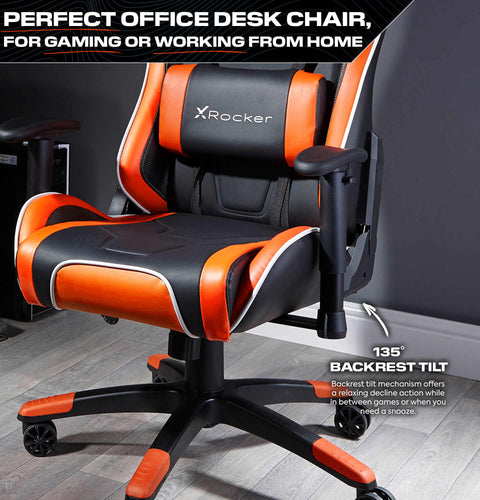 Orange and black office desk chair with X rocker branding on a gray floor.