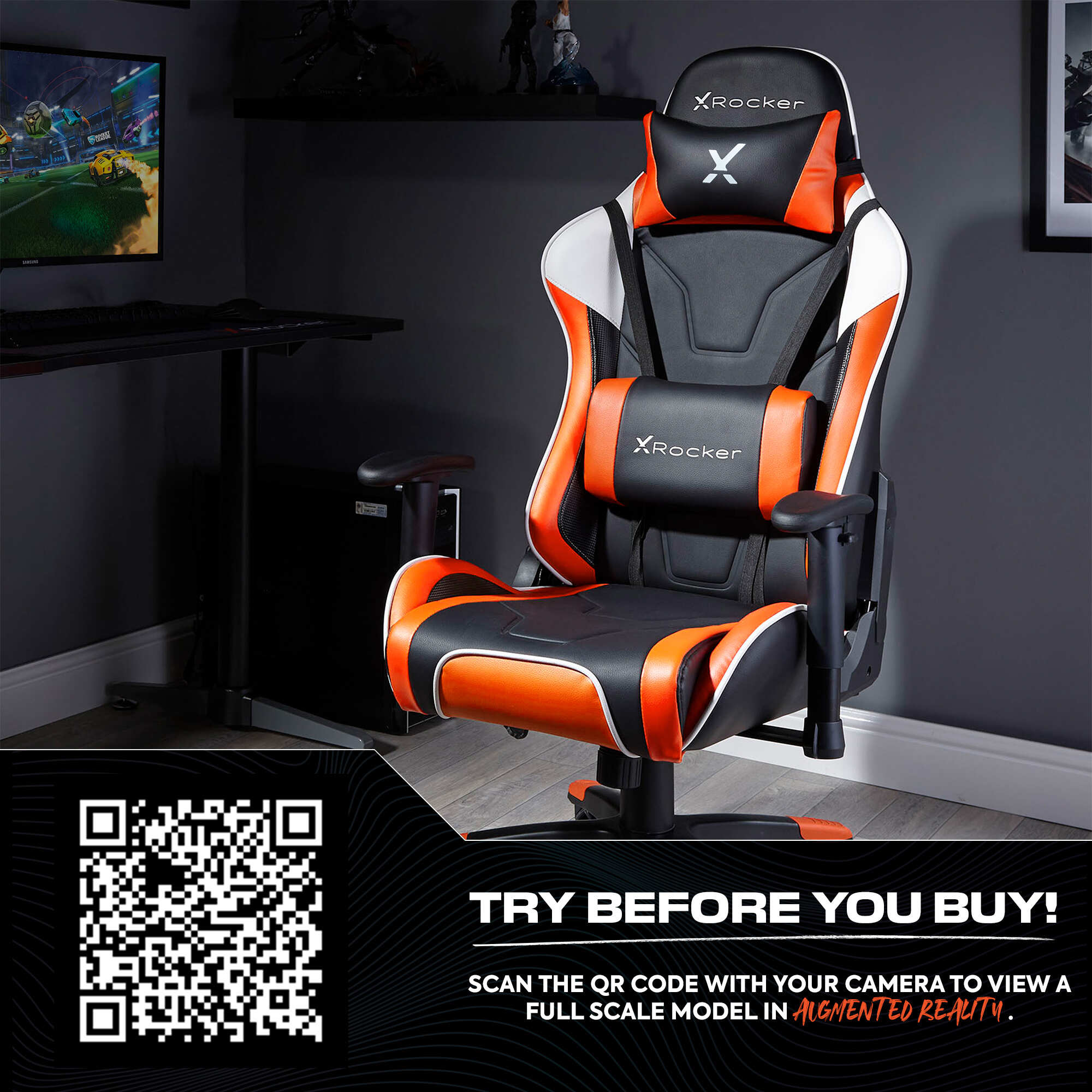 X rocker gaming chair in a room with a TV displaying a game, featuring a QR code for augmented reality.
