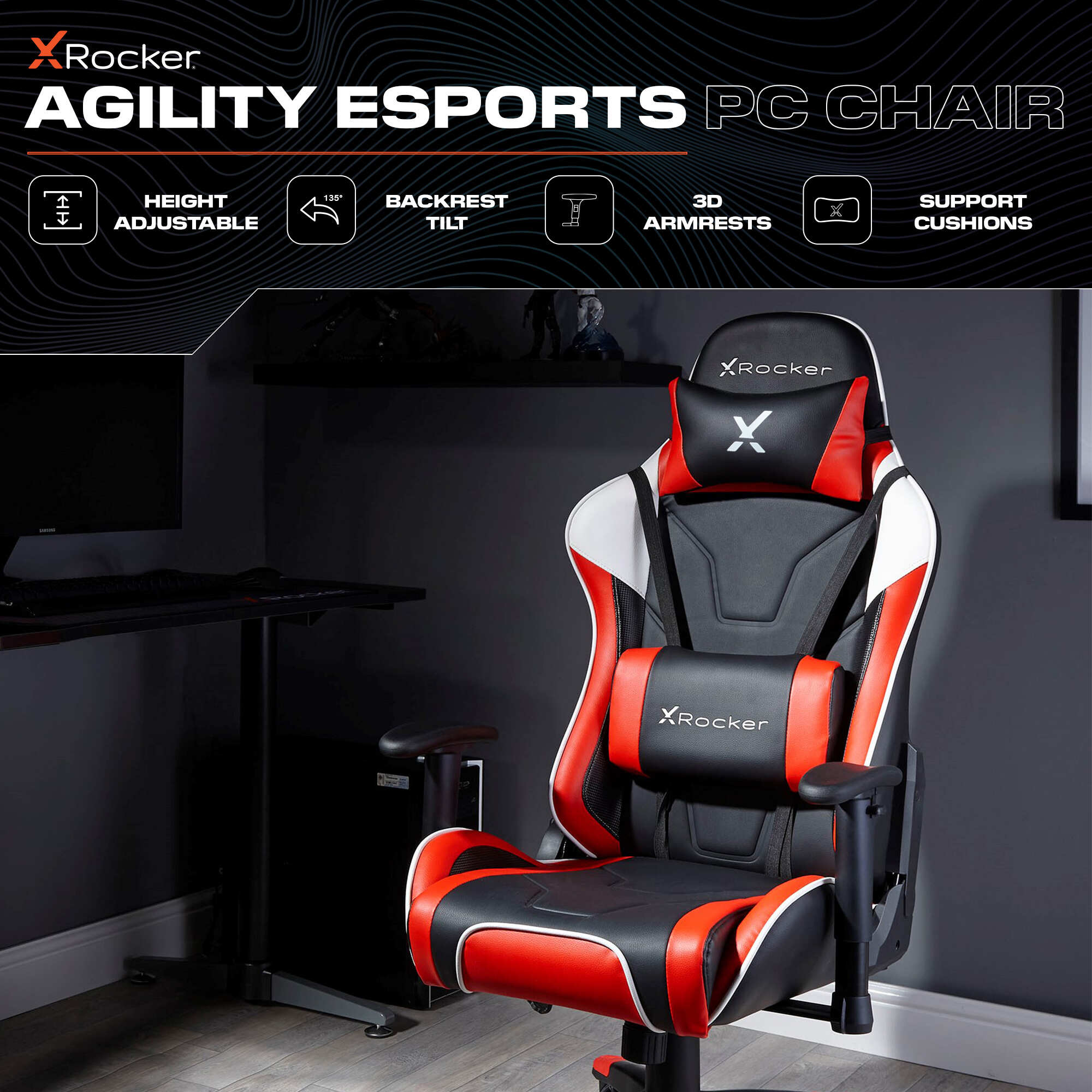 X rocker Agility esports PC chair in a gaming setup with monitor and desk.