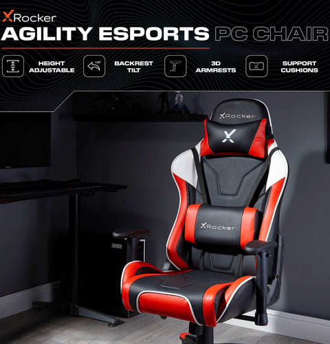 X rocker Agility esports PC chair in a gaming setup with monitor and desk.