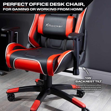Black and red office chair with X rocker branding on a gray floor.